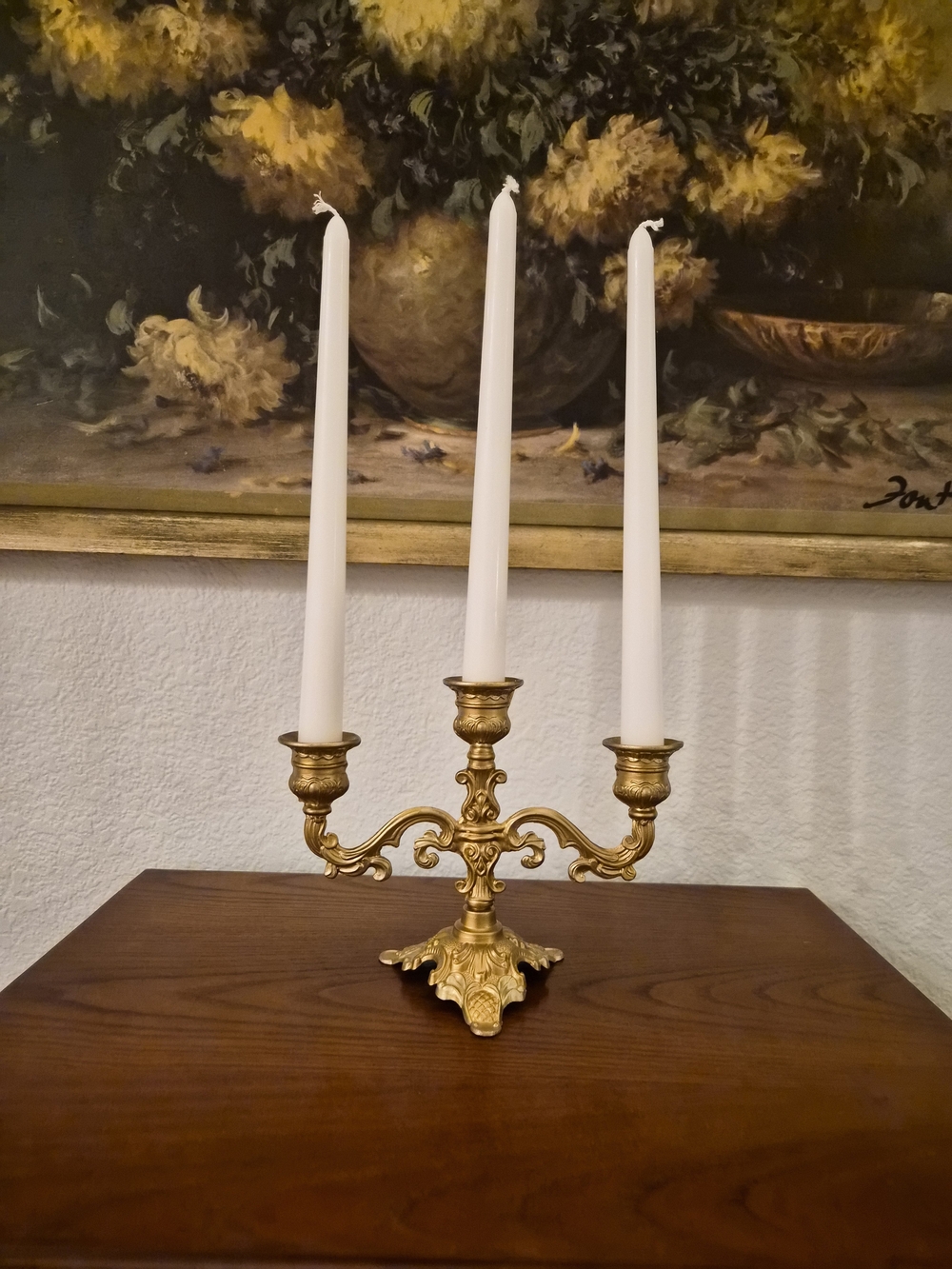 Antique Style Gold Three-Arm Ornate Candelabra Made In Italy